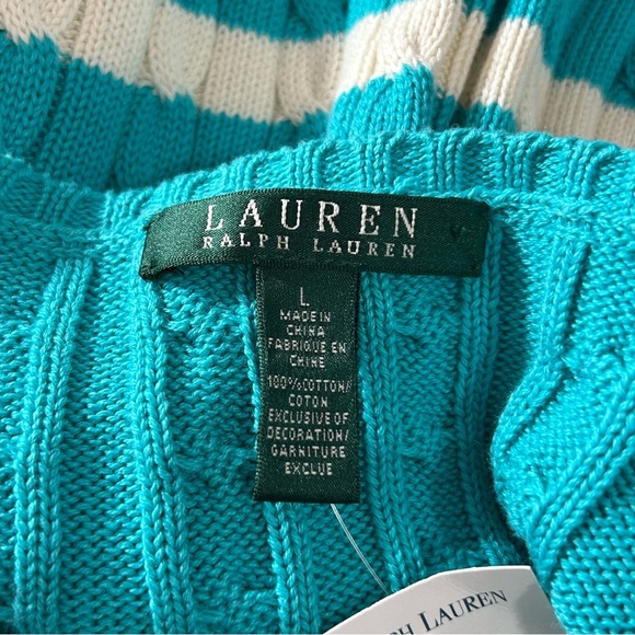 Lauren Ralph Lauren Sweater V-Neck Turquoise Blue White Striped Size Large - Picture 3 of 7